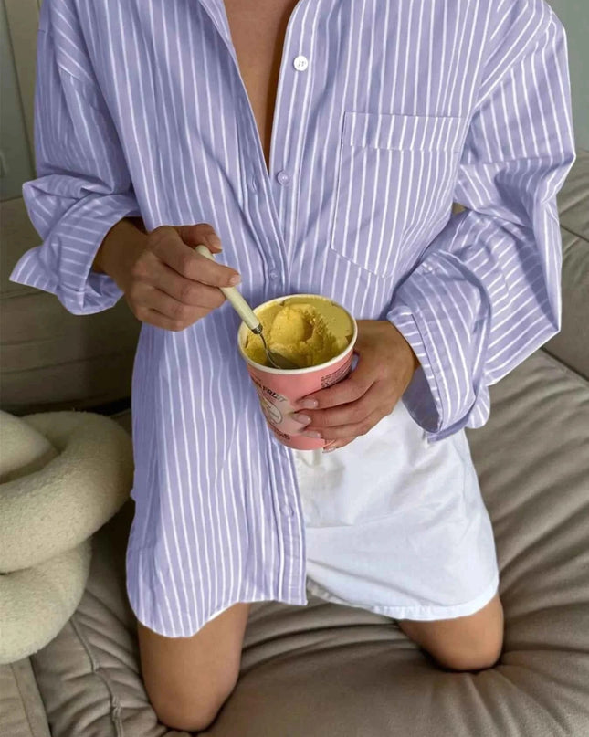 Oversized Striped Button - Down Shirt - Trendsi