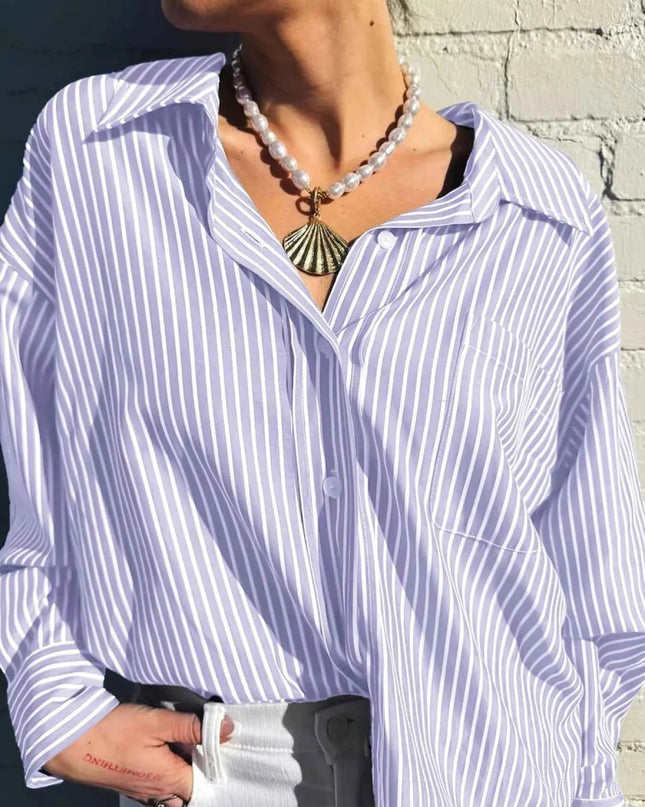 Oversized Striped Button - Down Shirt - Trendsi