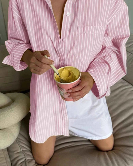 Oversized Striped Button - Down Shirt - Trendsi