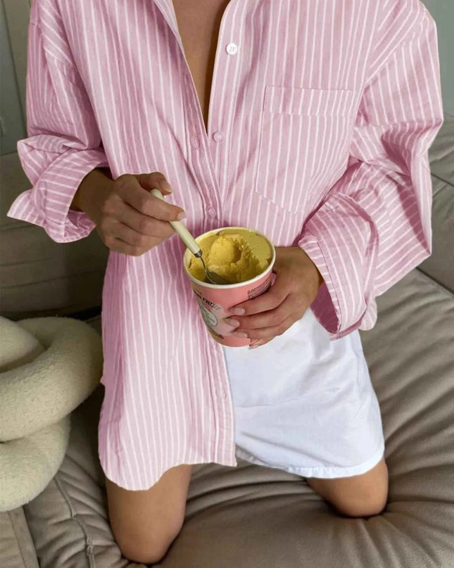 Oversized Striped Button - Down Shirt - Trendsi