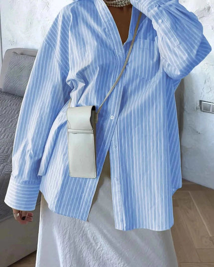 Oversized Striped Button - Down Shirt - Trendsi