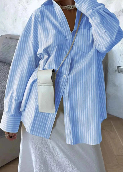 Oversized Striped Button - Down Shirt - Trendsi