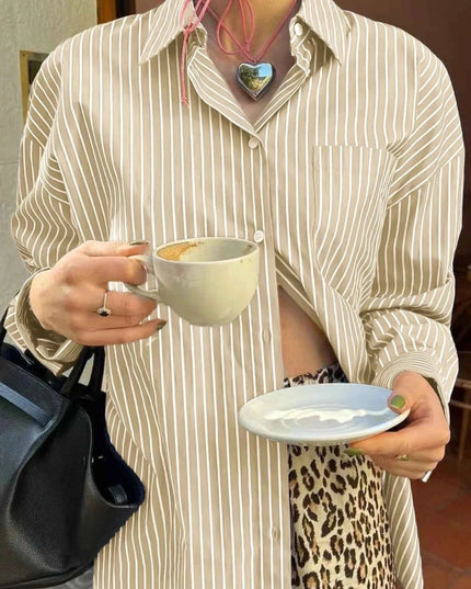 Oversized Striped Button - Down Shirt - Trendsi