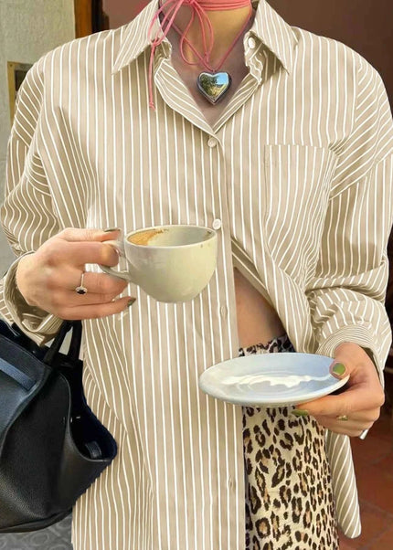 Oversized Striped Button - Down Shirt - Trendsi