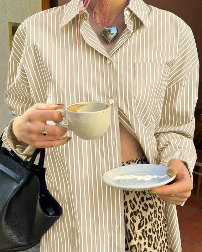 Oversized Striped Button - Down Shirt - Trendsi