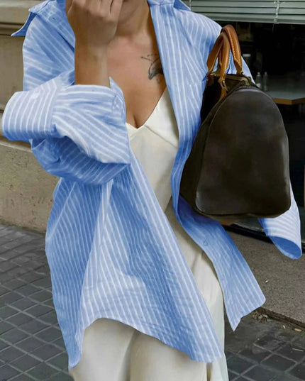 Oversized Striped Button - Down Shirt - Trendsi