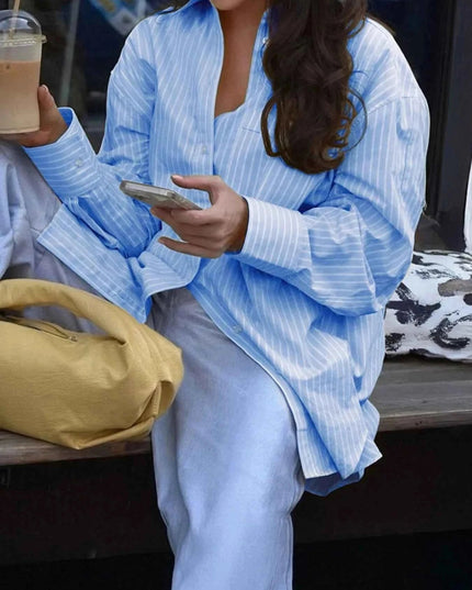 Oversized Striped Button - Down Shirt - Trendsi