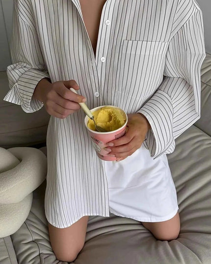 Oversized Striped Button - Down Shirt - Trendsi