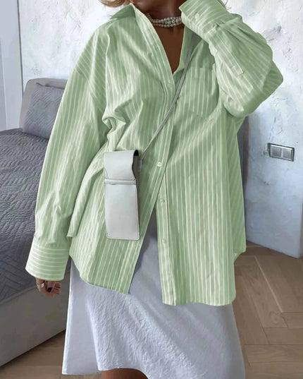 Oversized Striped Button - Down Shirt - Trendsi