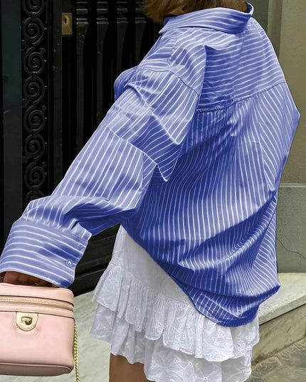 Oversized Striped Button - Down Shirt - Trendsi