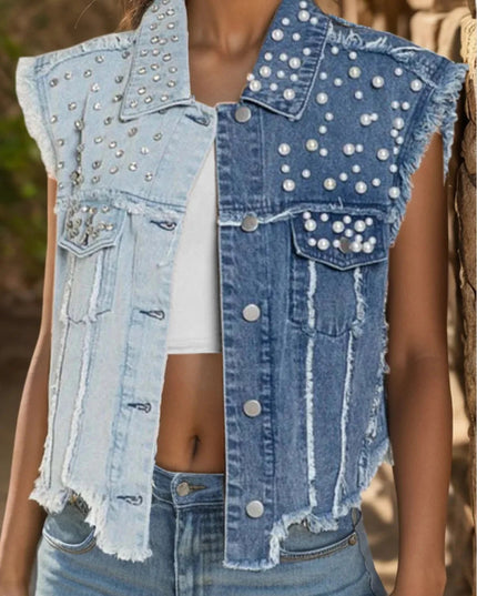 Pearl Raw Hem Sleeveless Denim Jacket - Trendsi