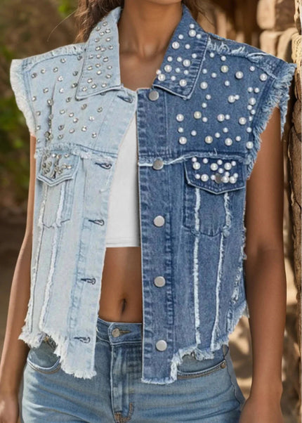 Pearl Raw Hem Sleeveless Denim Jacket - Trendsi