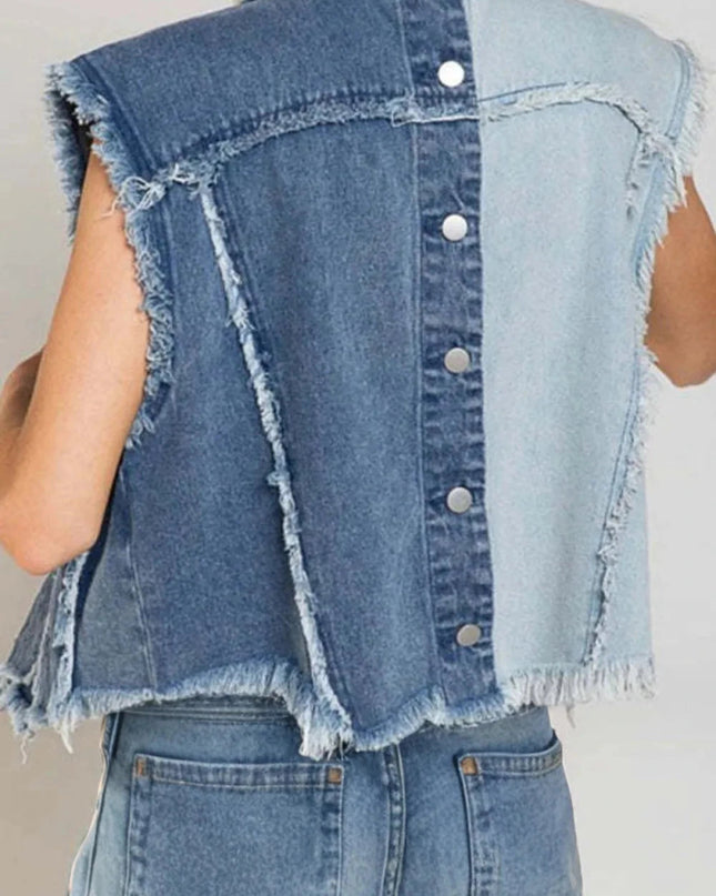 Pearl Raw Hem Sleeveless Denim Jacket - Trendsi