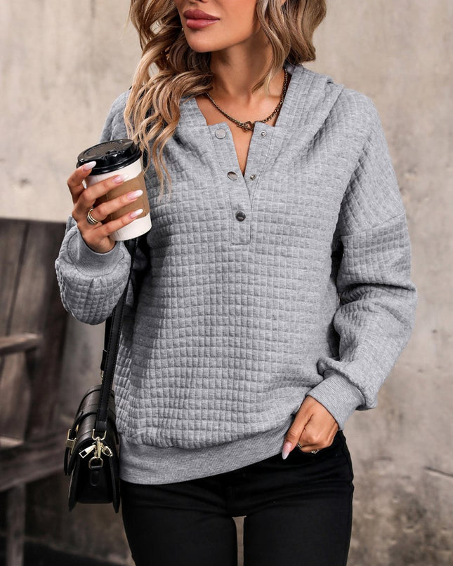 Perfee Waffle - Knit Half Button Hoodie - Trendsi