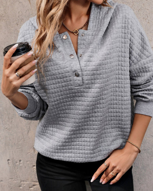 Perfee Waffle - Knit Half Button Hoodie - Trendsi