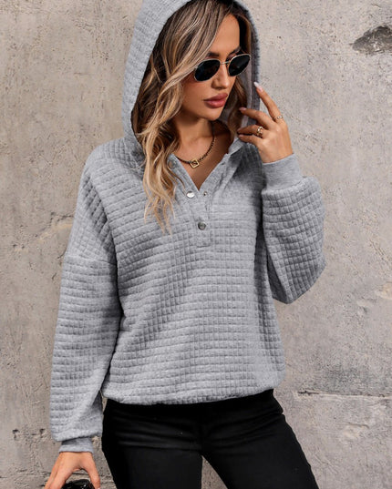 Perfee Waffle - Knit Half Button Hoodie - Trendsi
