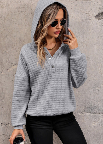 Perfee Waffle - Knit Half Button Hoodie - Trendsi