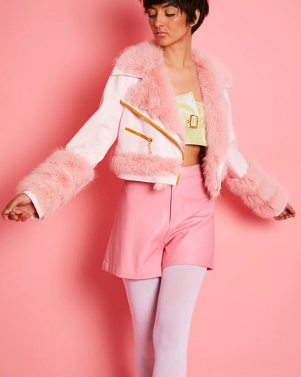 Pink Faux Leather Faux Fur Biker Jacket - Faux Leather Jackets - Buy Me Fur Ltd