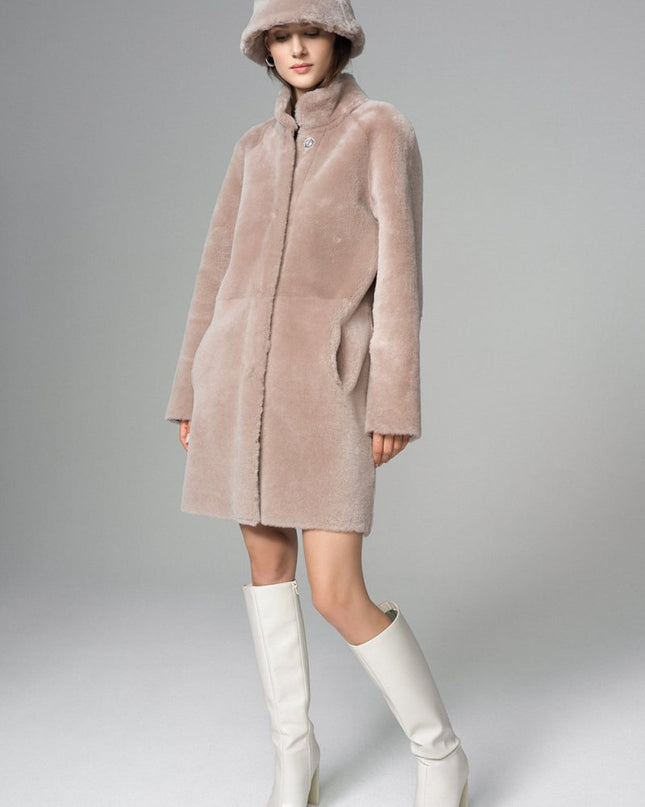 Pink Reversible Genuine Merino Wool Sheepskin Midi Coat - Fur Coats - Buy Me Fur Ltd