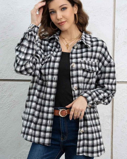 Plaid Dropped Shoulder Shirt Jacket - Trendsi