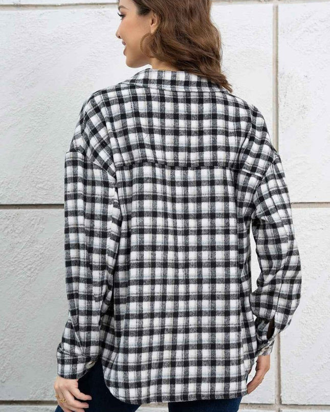 Plaid Dropped Shoulder Shirt Jacket - Trendsi
