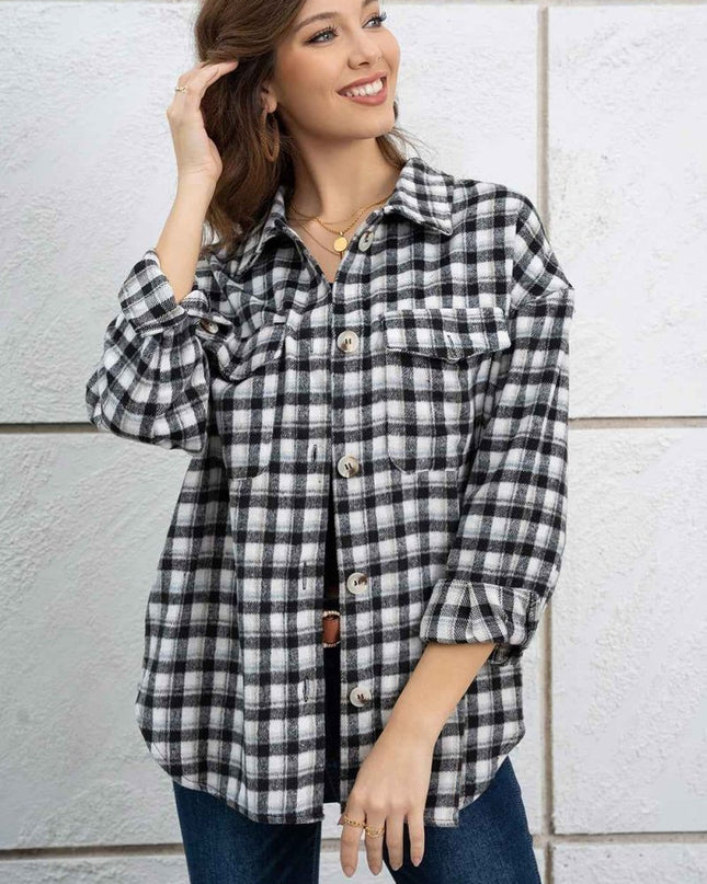 Plaid Dropped Shoulder Shirt Jacket - Trendsi