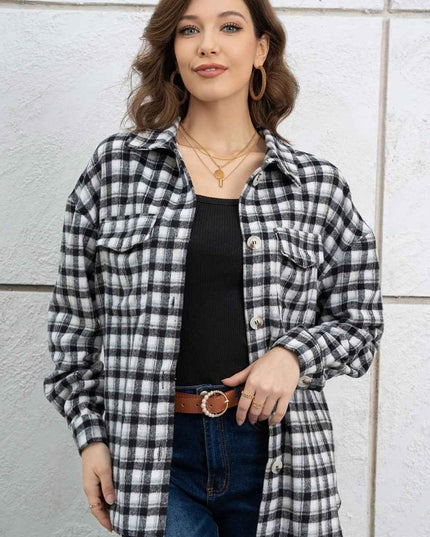 Plaid Dropped Shoulder Shirt Jacket - Trendsi