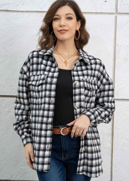 Plaid Dropped Shoulder Shirt Jacket - Trendsi