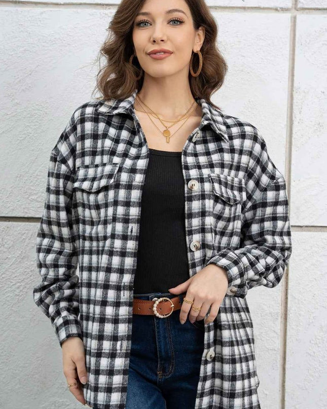Plaid Dropped Shoulder Shirt Jacket - Trendsi