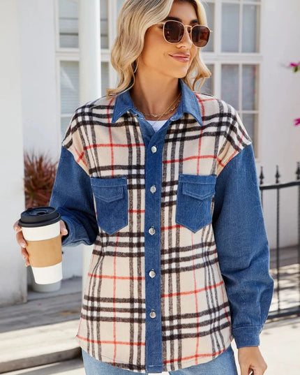 Plaid Long Sleeve Denim Jacket - Trendsi