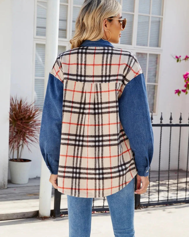 Plaid Long Sleeve Denim Jacket - Trendsi