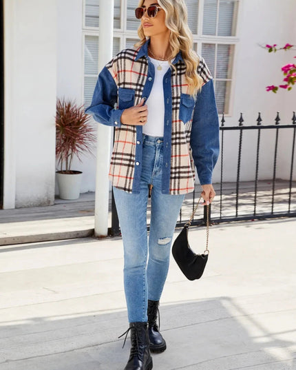 Plaid Long Sleeve Denim Jacket - Trendsi