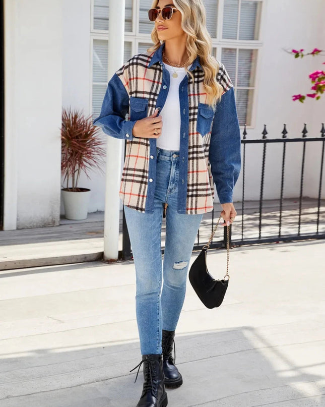 Plaid Long Sleeve Denim Jacket - Trendsi