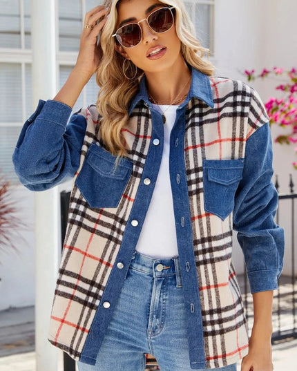 Plaid Long Sleeve Denim Jacket - Trendsi
