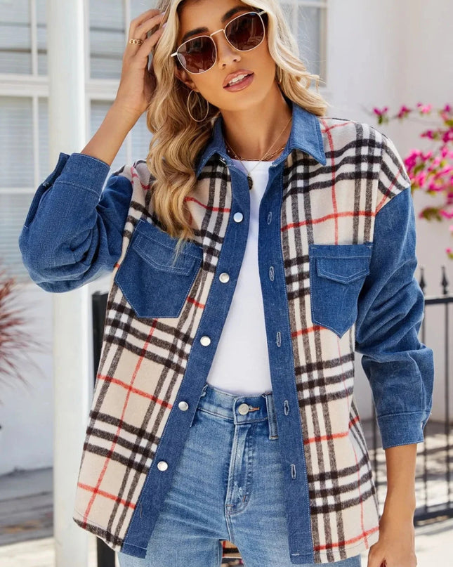 Plaid Long Sleeve Denim Jacket - Trendsi