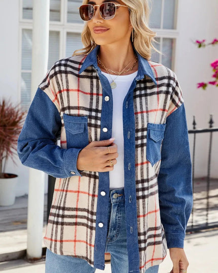 Plaid Long Sleeve Denim Jacket - Trendsi