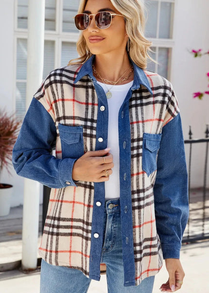 Plaid Long Sleeve Denim Jacket - Trendsi