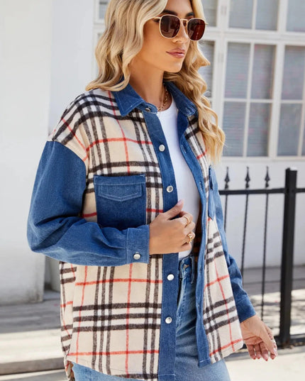 Plaid Long Sleeve Denim Jacket - Trendsi