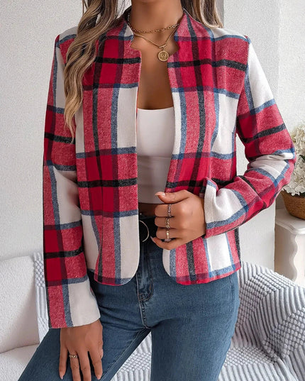 Plaid Open Front Long Sleeve Jacket - Trendsi