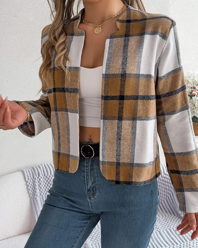 Plaid Open Front Long Sleeve Jacket - Trendsi