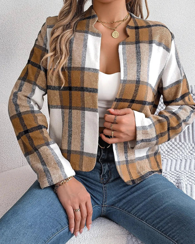Plaid Open Front Long Sleeve Jacket - Trendsi