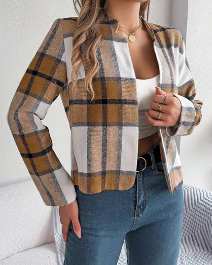 Plaid Open Front Long Sleeve Jacket - Trendsi