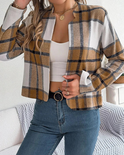 Plaid Open Front Long Sleeve Jacket - Trendsi