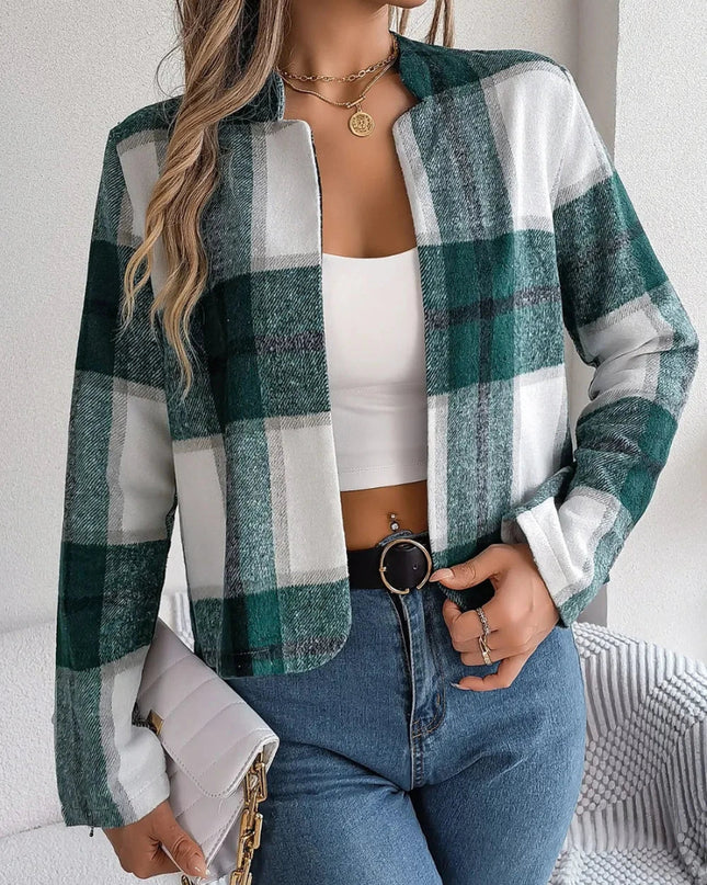 Plaid Open Front Long Sleeve Jacket - Trendsi