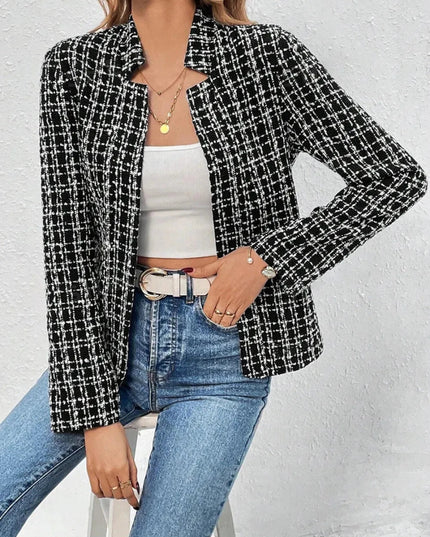 Plaid Open Front Long Sleeve Jacket - Trendsi