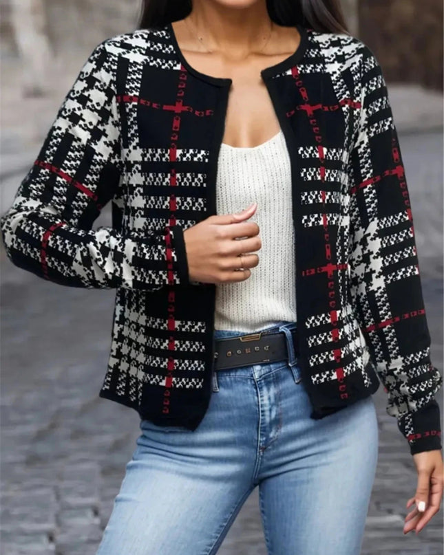 Plaid Open Front Long Sleeve Jacket - Trendsi