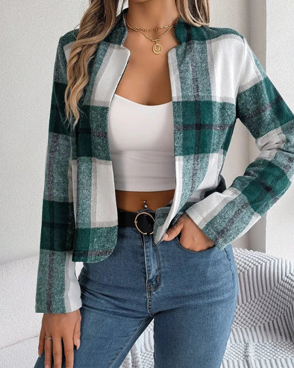 Plaid Open Front Long Sleeve Jacket - Trendsi