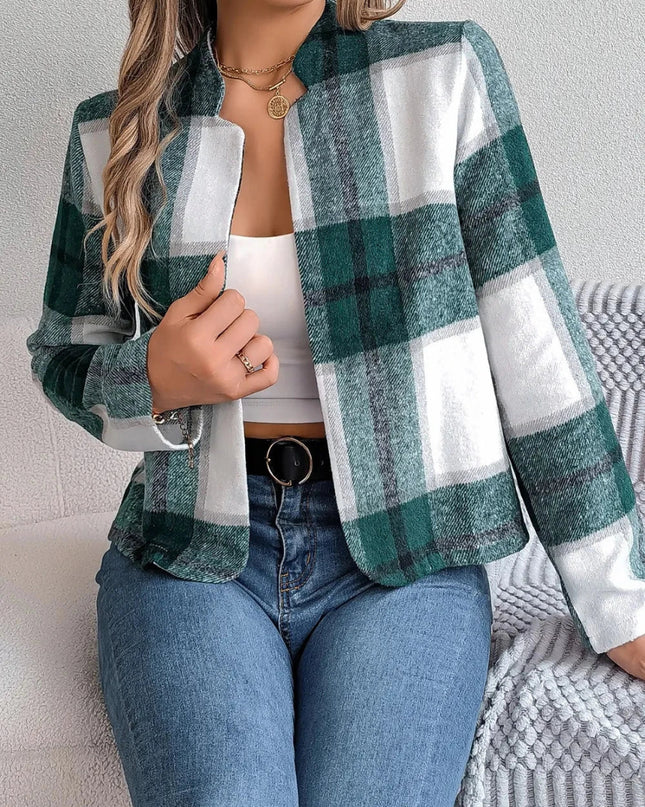 Plaid Open Front Long Sleeve Jacket - Trendsi