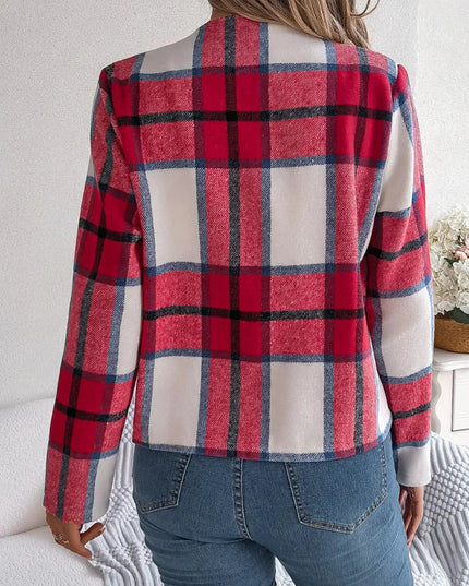 Plaid Open Front Long Sleeve Jacket - Trendsi