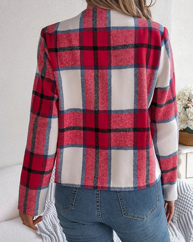 Plaid Open Front Long Sleeve Jacket - Trendsi